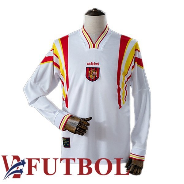 Camisetas De Futbol España Retro Segunda Manga Larga Blanco 1996